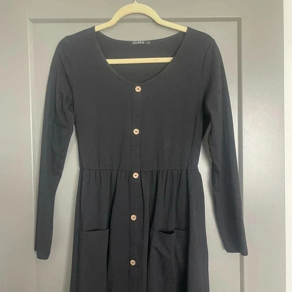 Ouges Womens Stretch Round Neck Long Sleeve Button Front Dress Black Medium - Picture 4 of 9